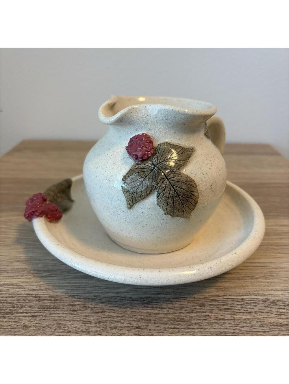Vintage Handmade Studio Pottery Berry Creamer & Matching Tray Signed Stoneware